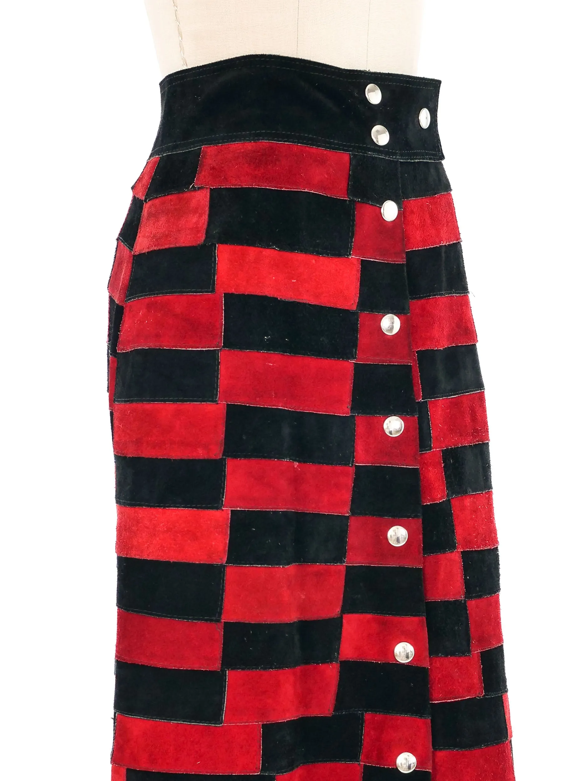 1970s Checkered Suede Midi Skirt