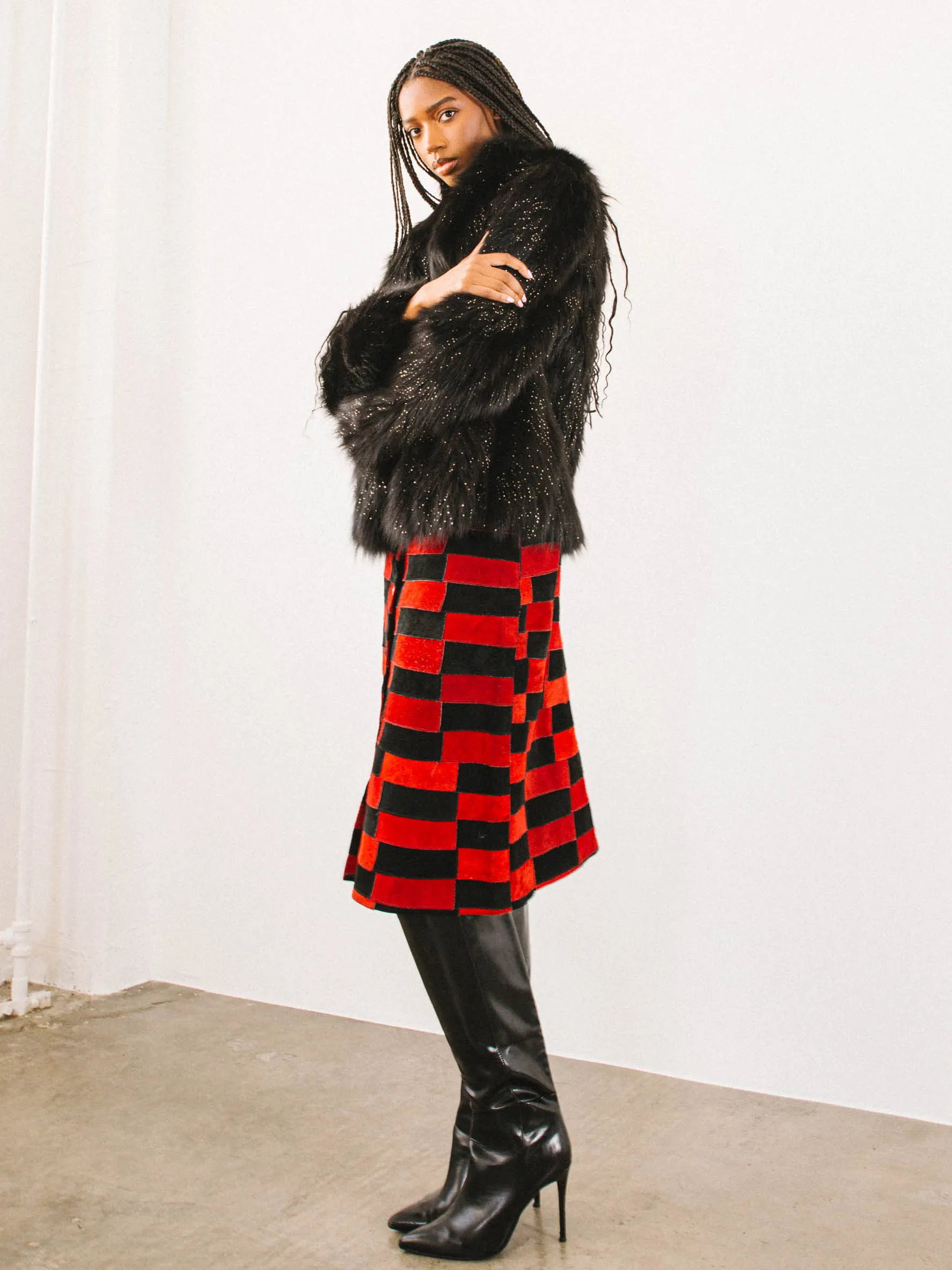 1970s Checkered Suede Midi Skirt