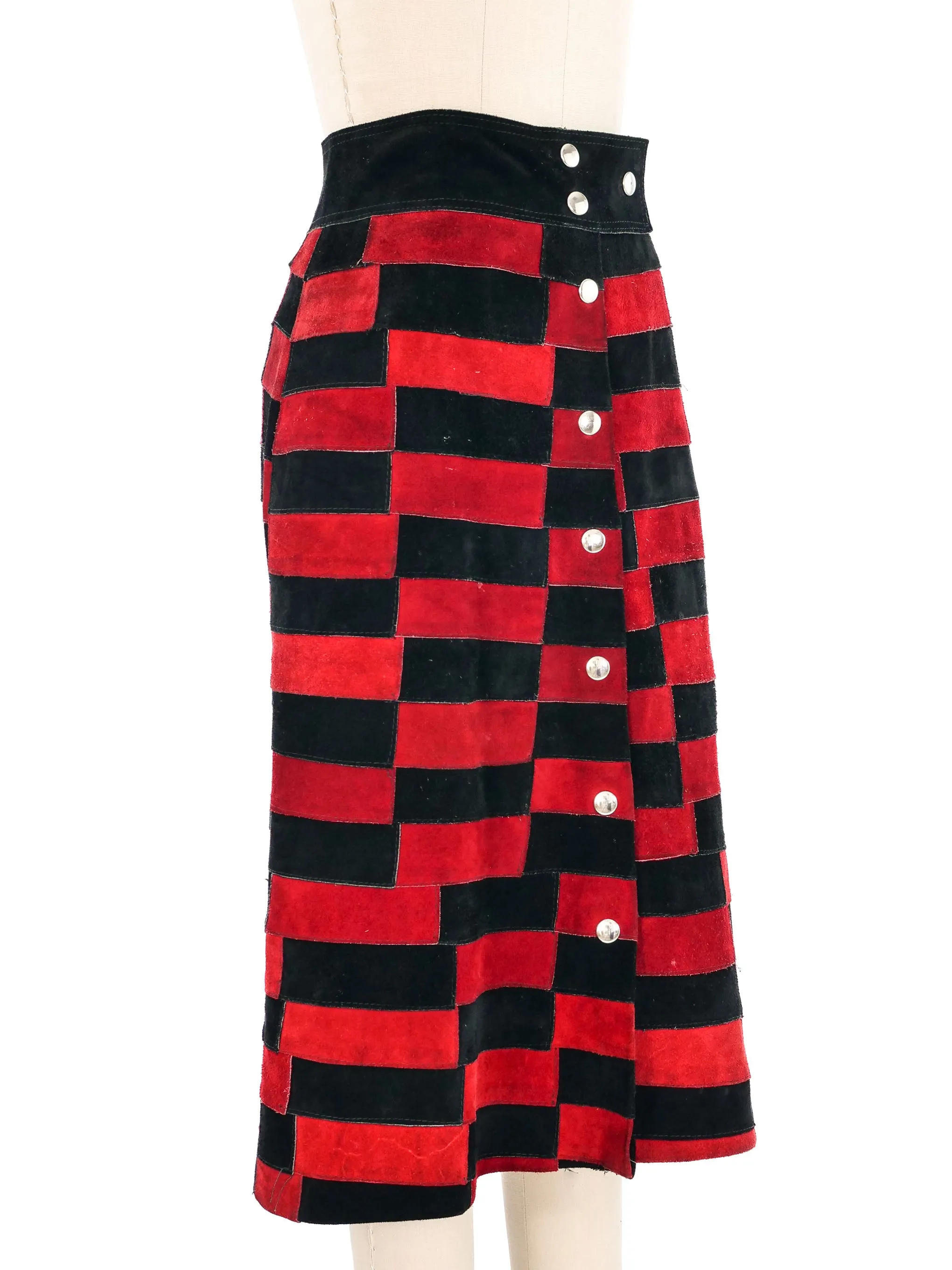 1970s Checkered Suede Midi Skirt