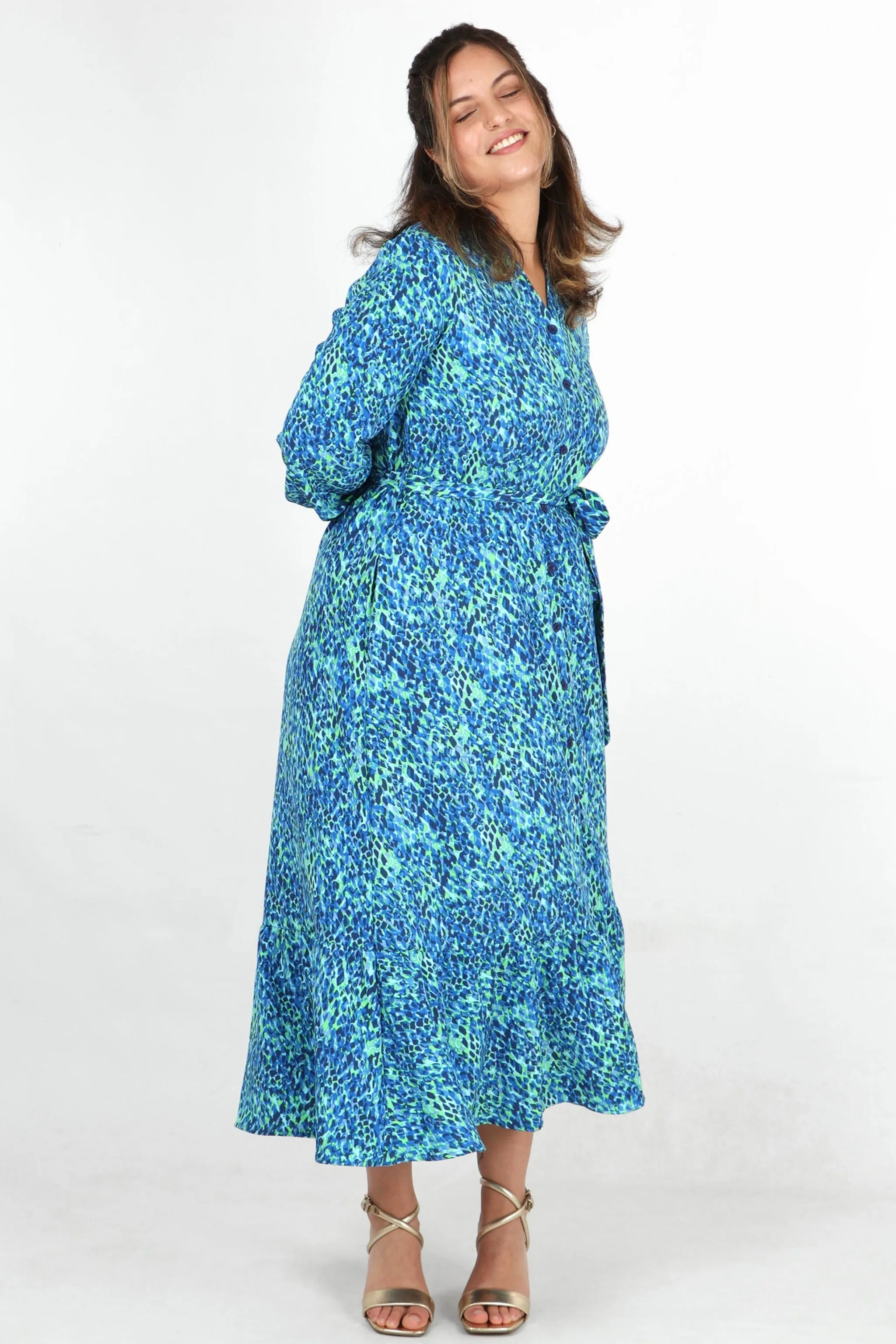 Abstract Print V-Neck Button Down Long Sleeve Maxi Shirt Dress in Blue Lime