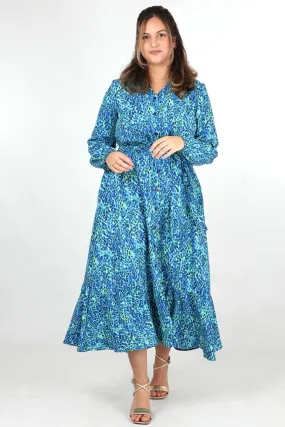 Abstract Print V-Neck Button Down Long Sleeve Maxi Shirt Dress in Blue Lime