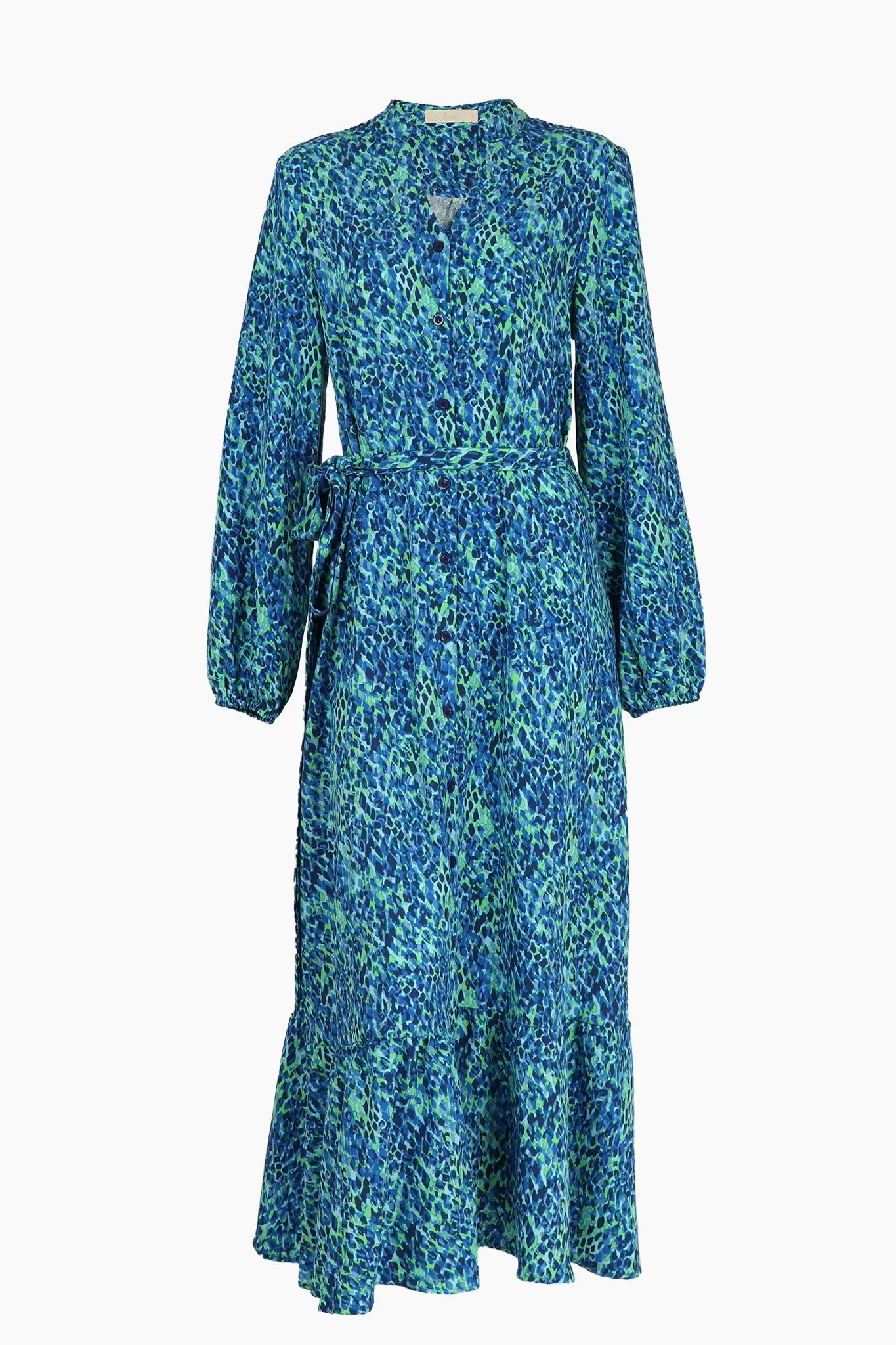 Abstract Print V-Neck Button Down Long Sleeve Maxi Shirt Dress in Blue Lime
