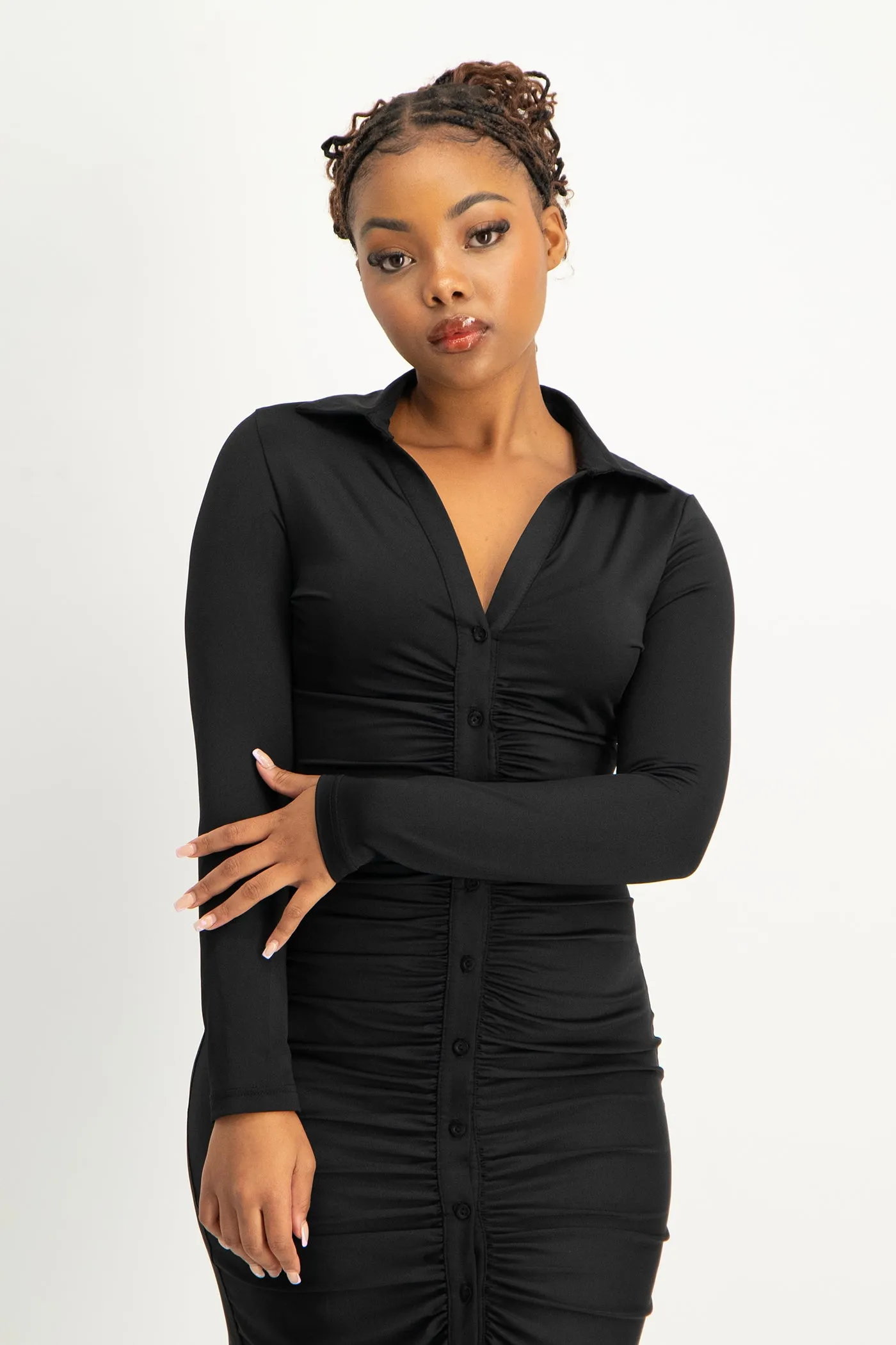 Alice Long Sleeve Ruched Dress - Black