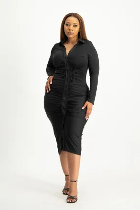 Alice Long Sleeve Ruched Dress - Black