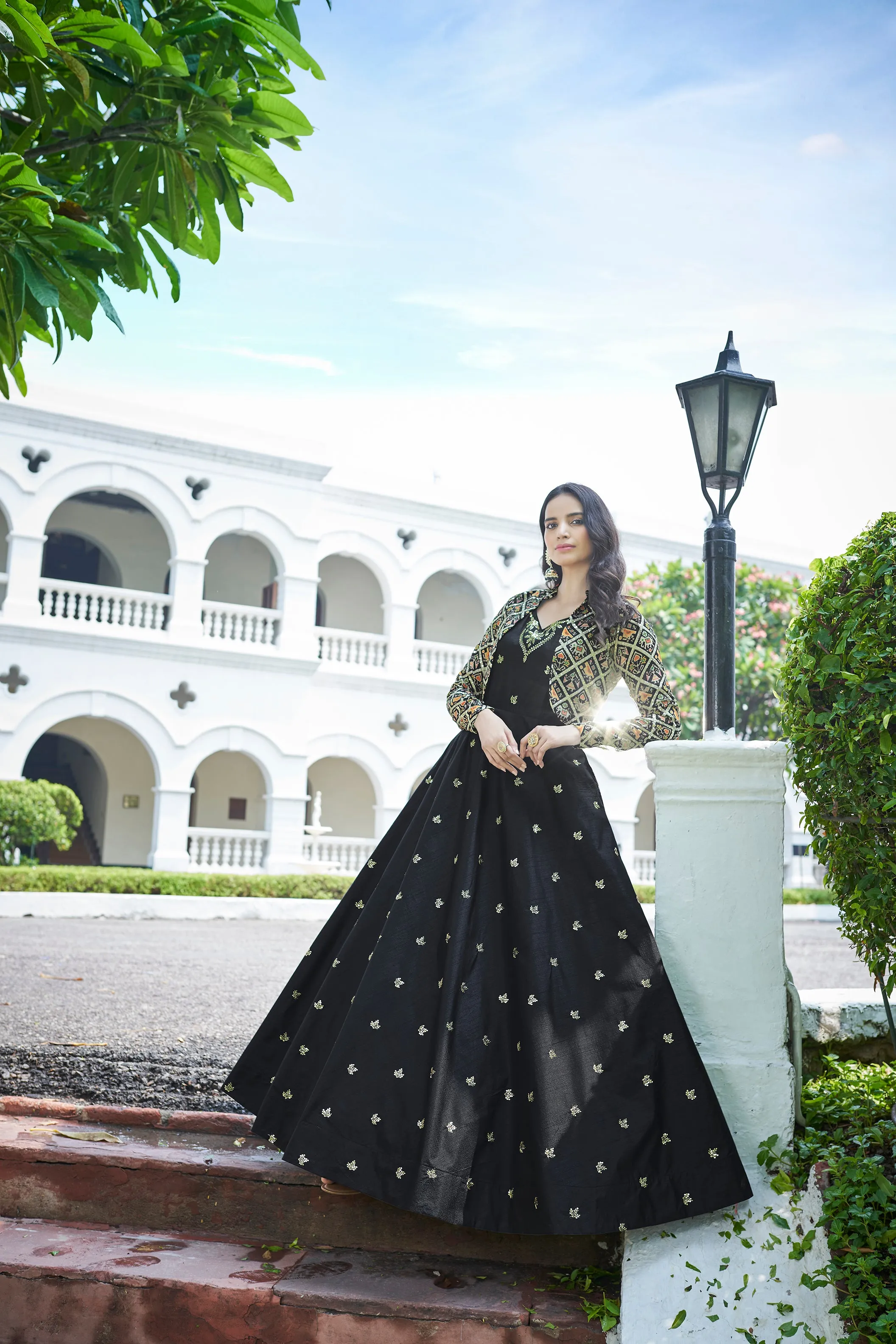 Amazing Black with Multicolor Color Work Anarkali Gown With Jacket