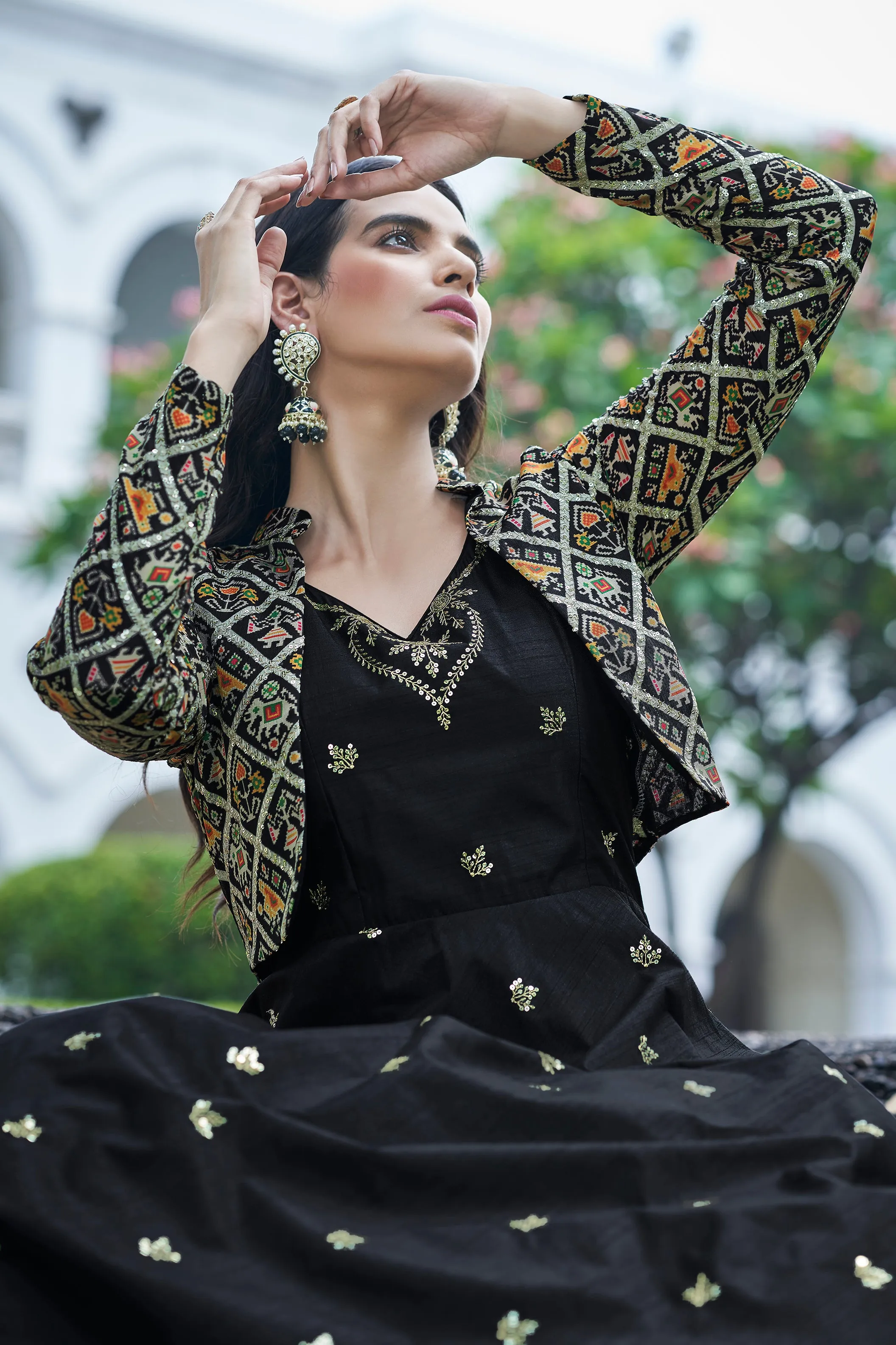 Amazing Black with Multicolor Color Work Anarkali Gown With Jacket