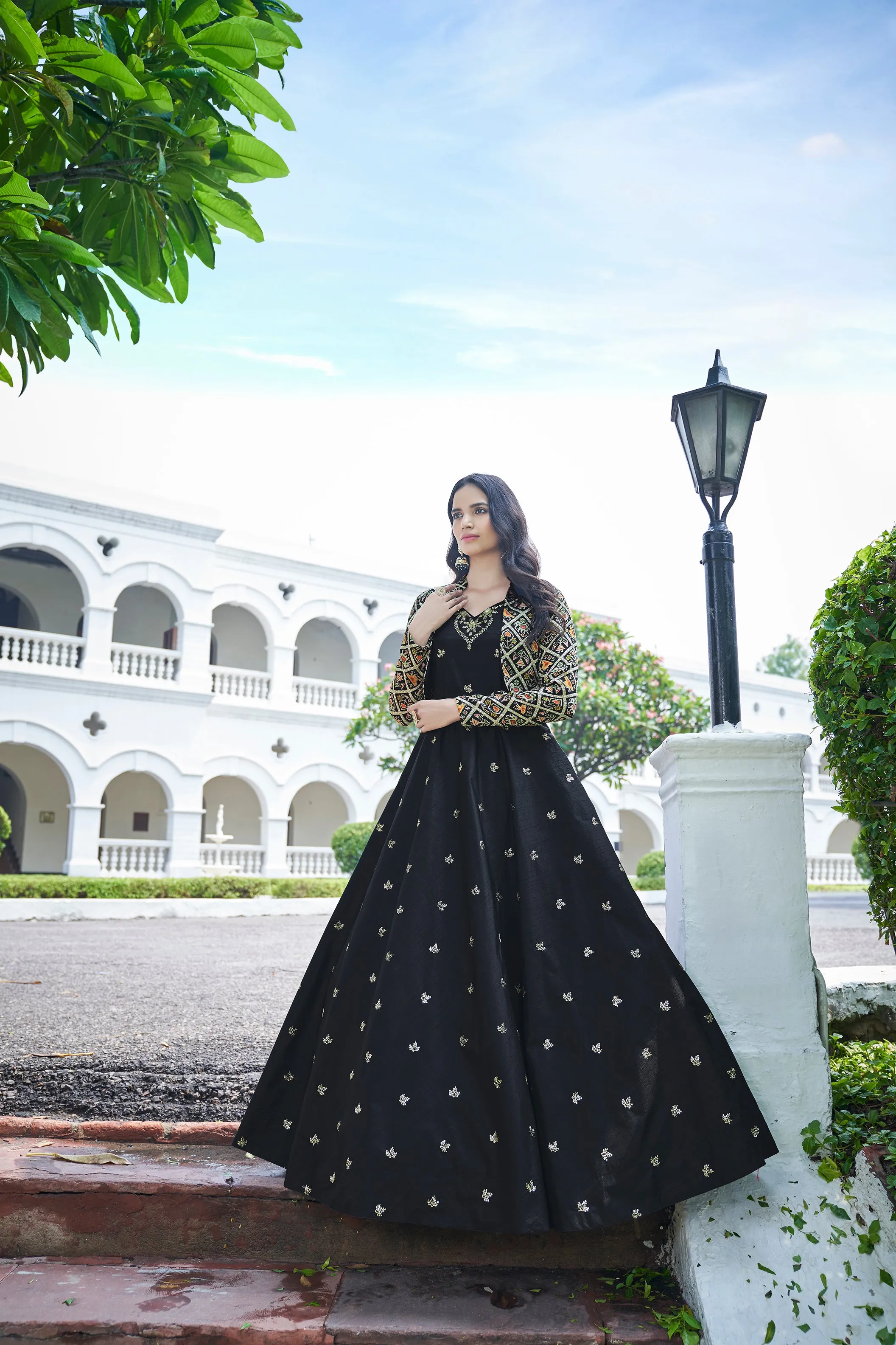 Amazing Black with Multicolor Color Work Anarkali Gown With Jacket