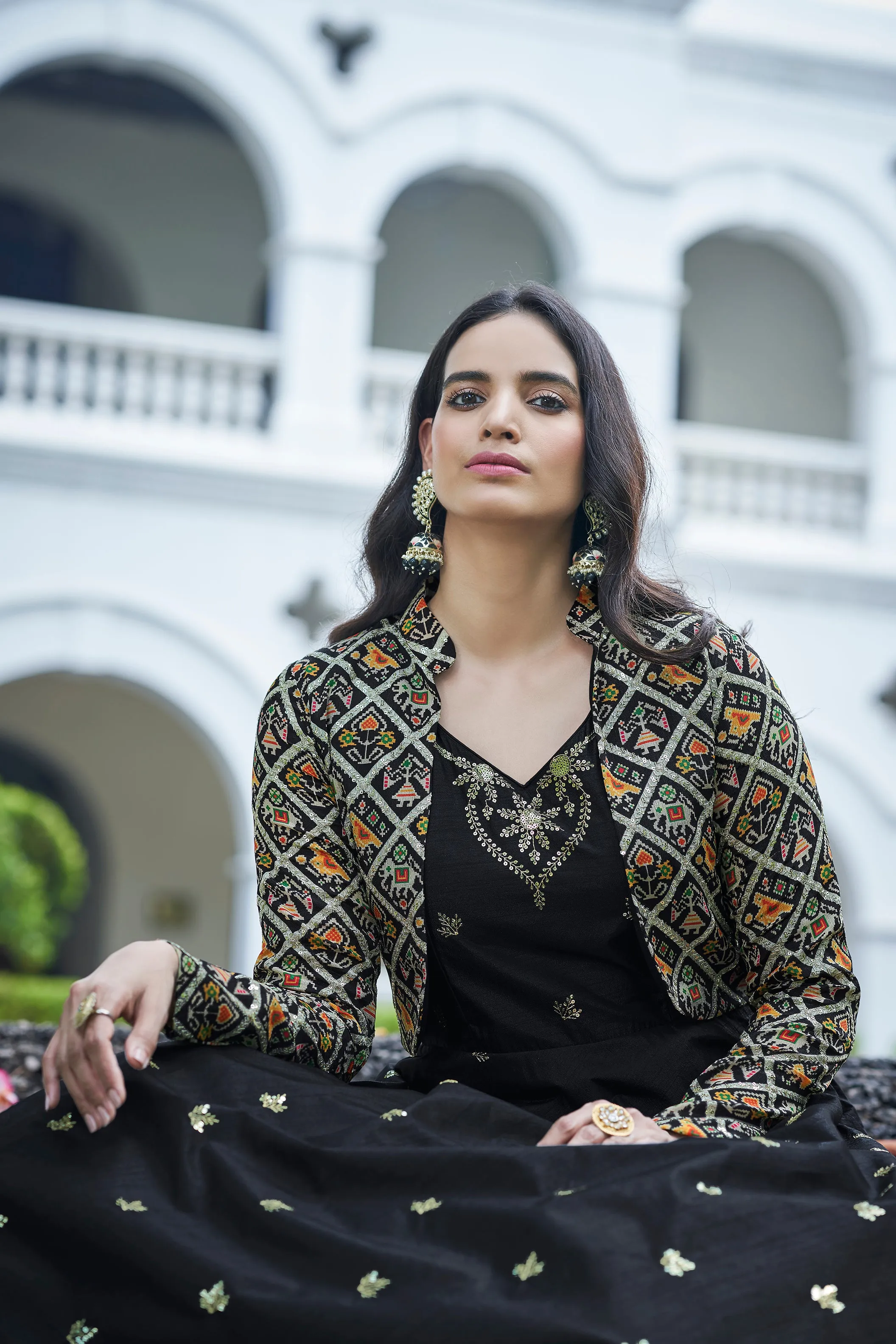 Amazing Black with Multicolor Color Work Anarkali Gown With Jacket
