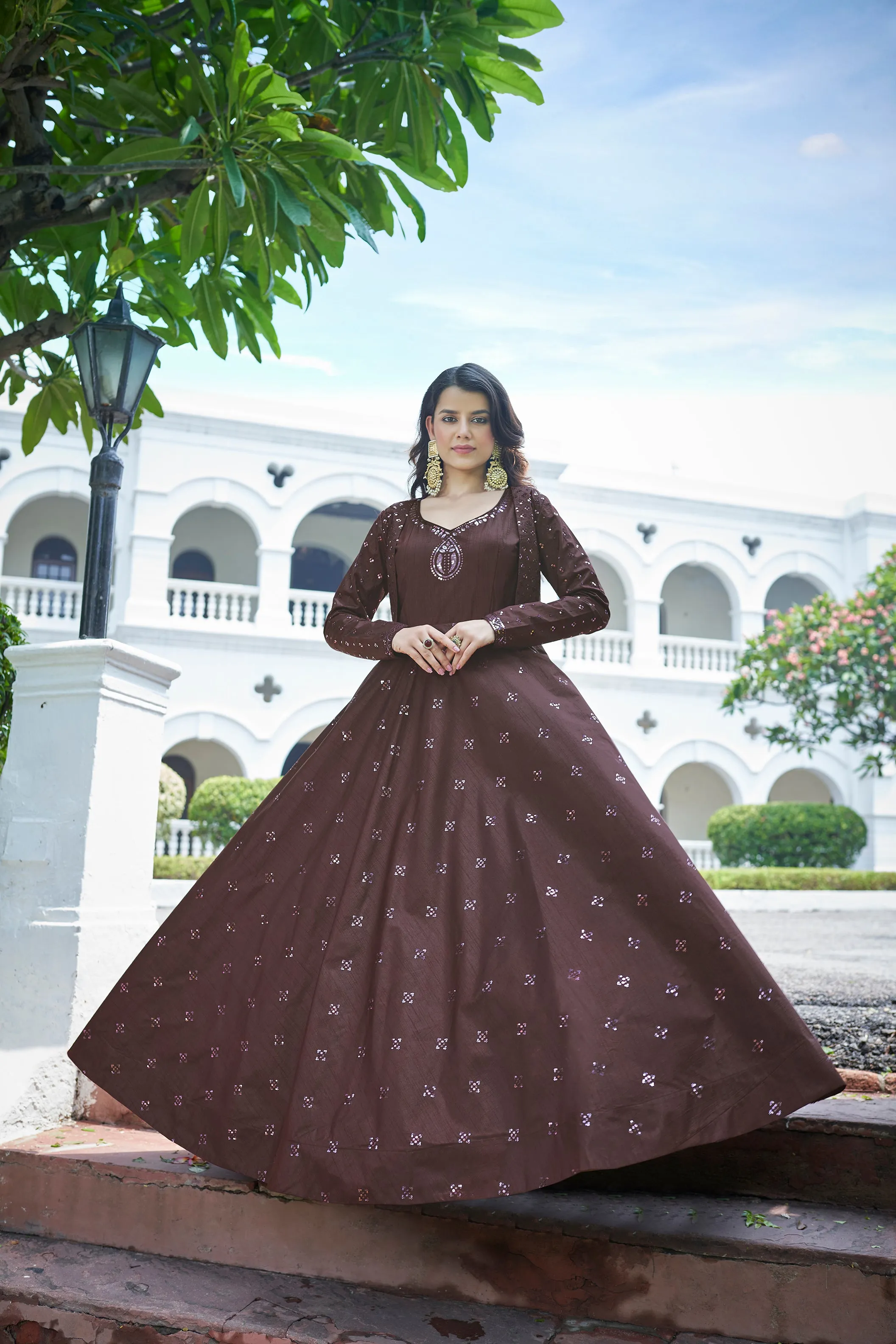 Amazing Dark Maroon with Multicolor Color Work Anarkali Gown With Jacket