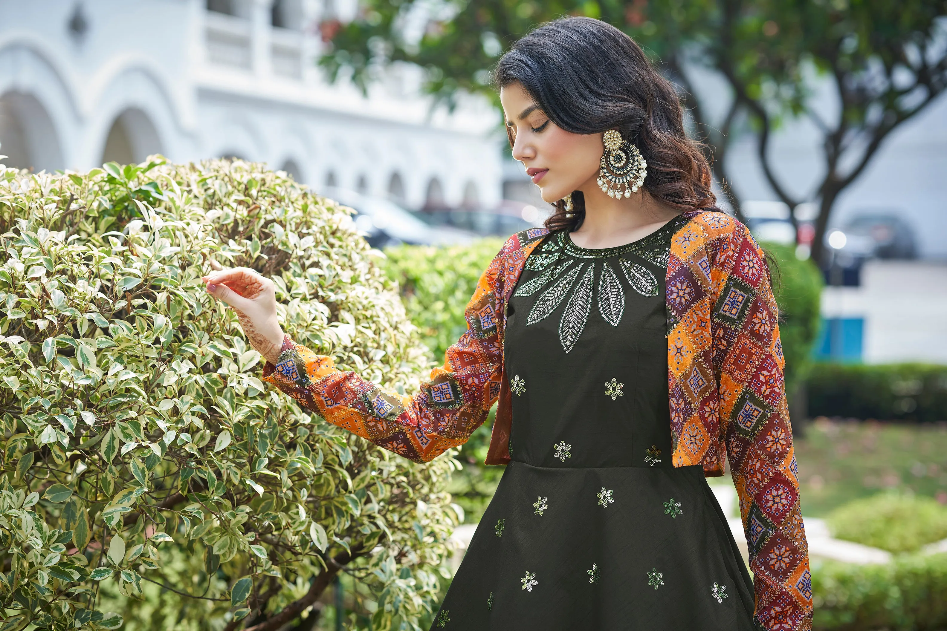 Amazing Olive with Multicolor Color Work Anarkali Gown With Jacket