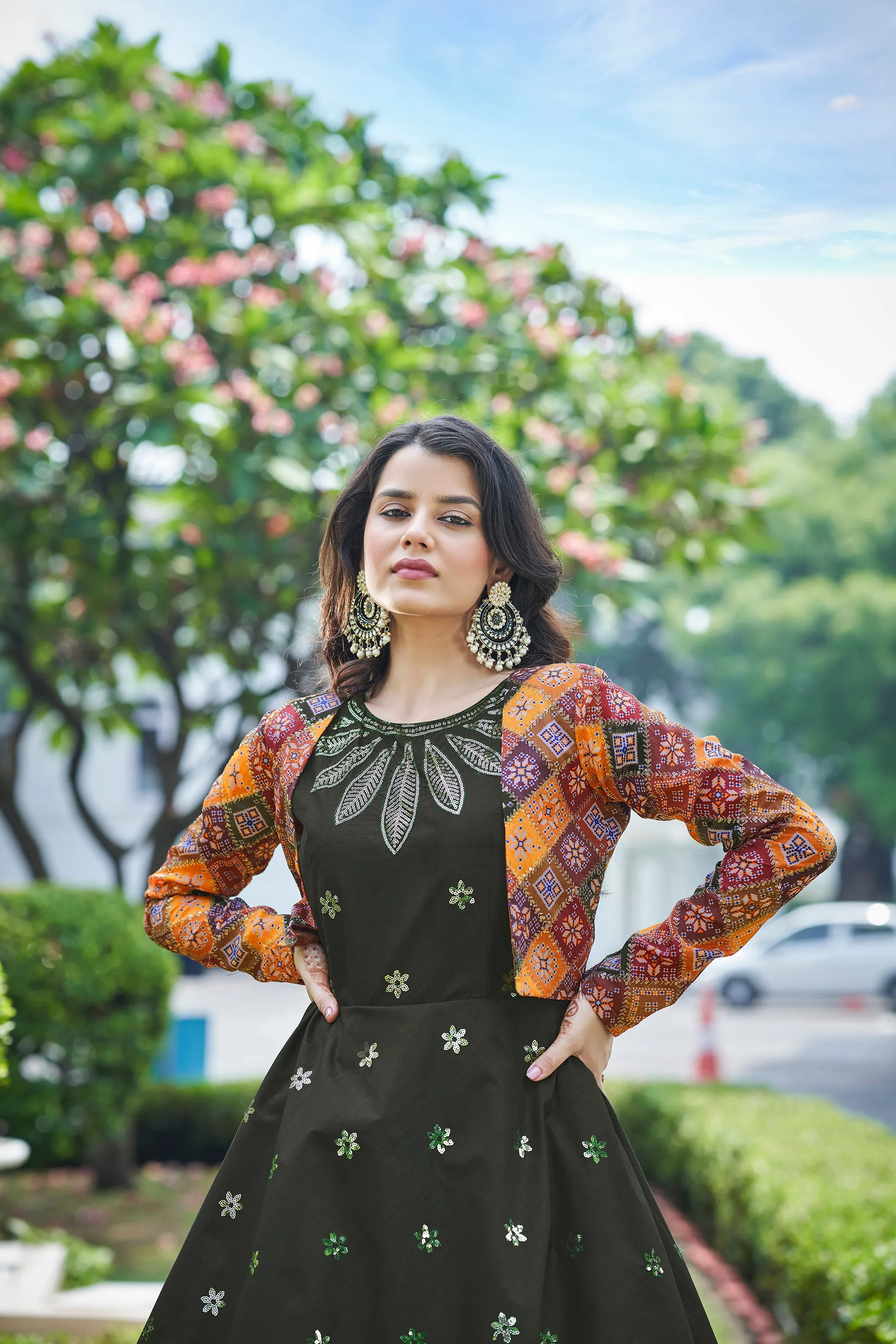 Amazing Olive with Multicolor Color Work Anarkali Gown With Jacket