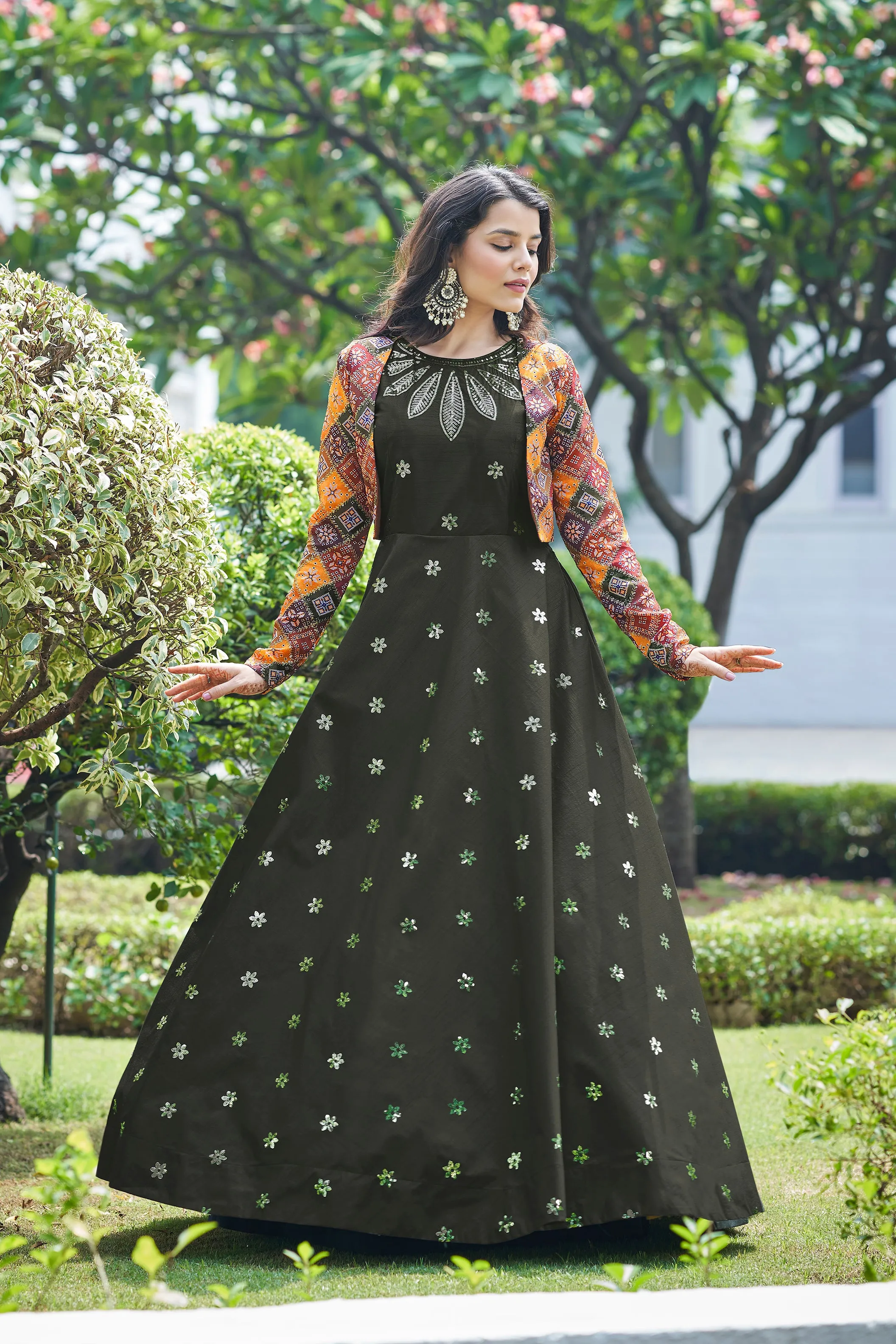 Amazing Olive with Multicolor Color Work Anarkali Gown With Jacket