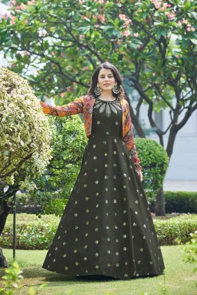 Amazing Olive with Multicolor Color Work Anarkali Gown With Jacket
