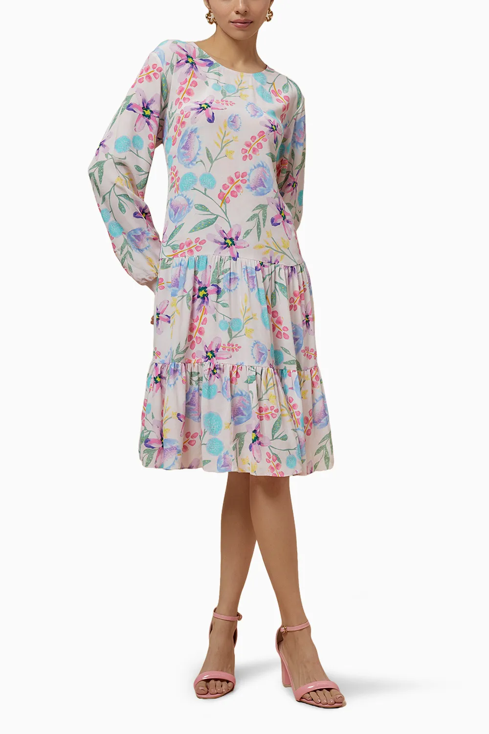 Baby Pink Cream Printed Crepe Frill Hem Tunic