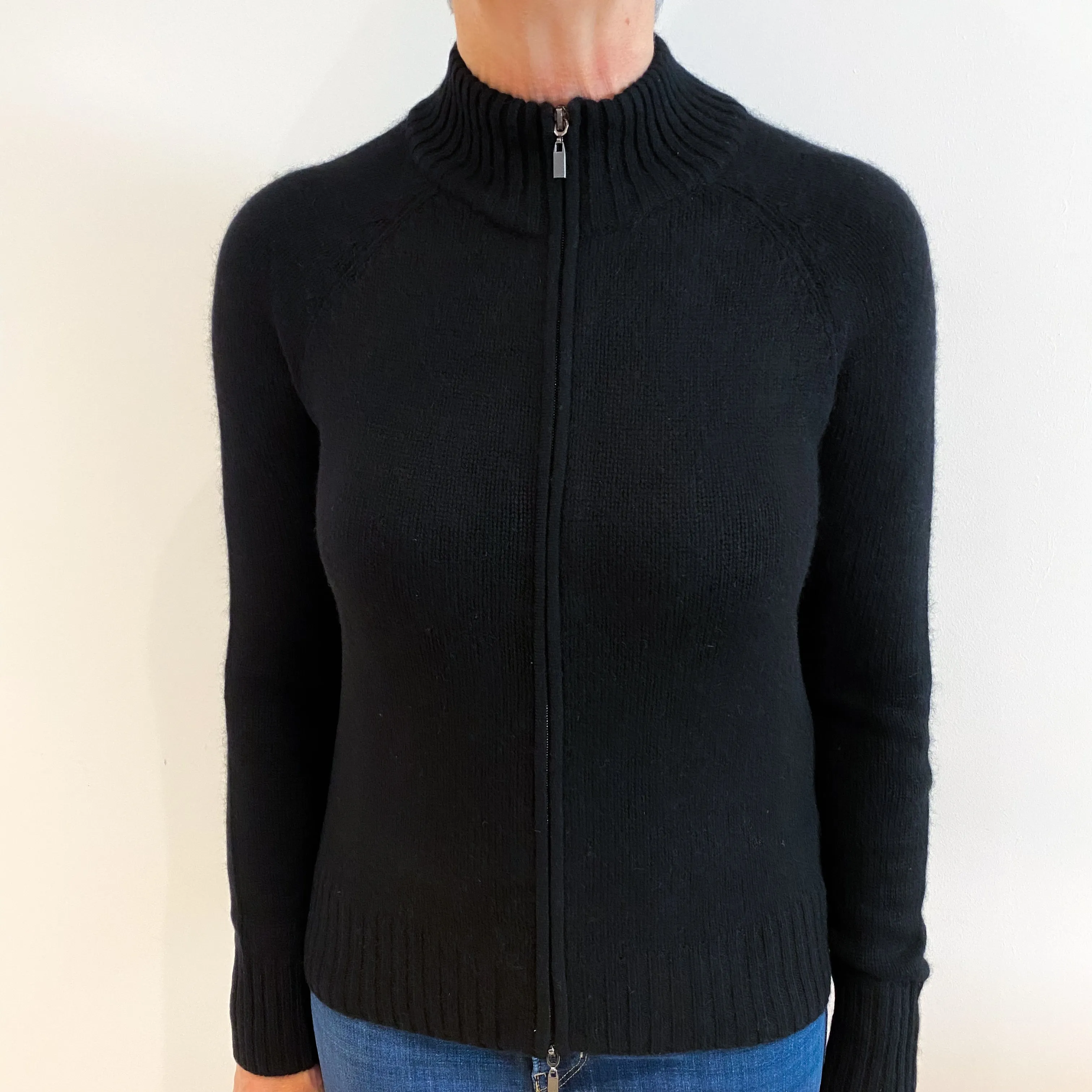 Black Cashmere Turtle Neck Zip Up Cardigan Medium