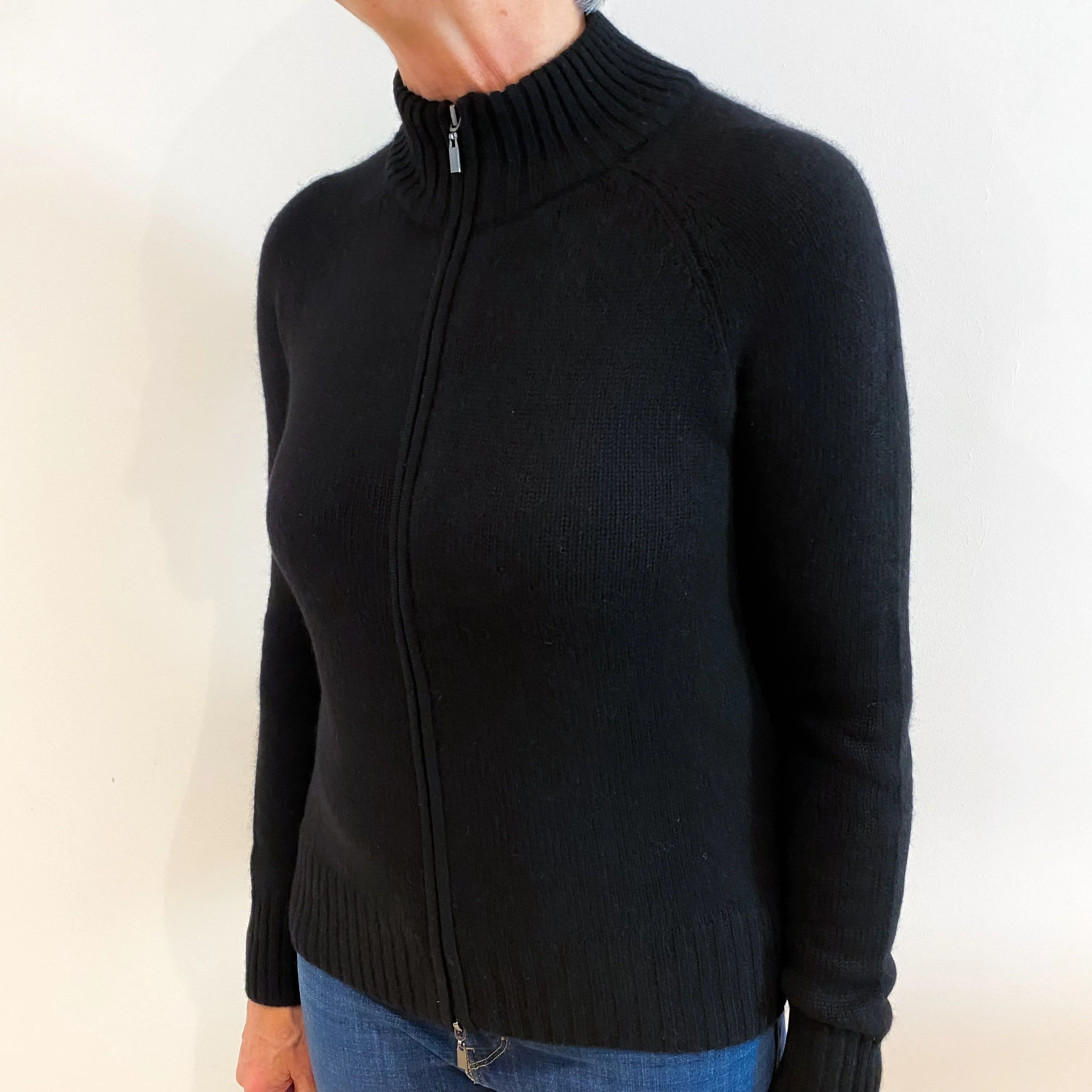 Black Cashmere Turtle Neck Zip Up Cardigan Medium