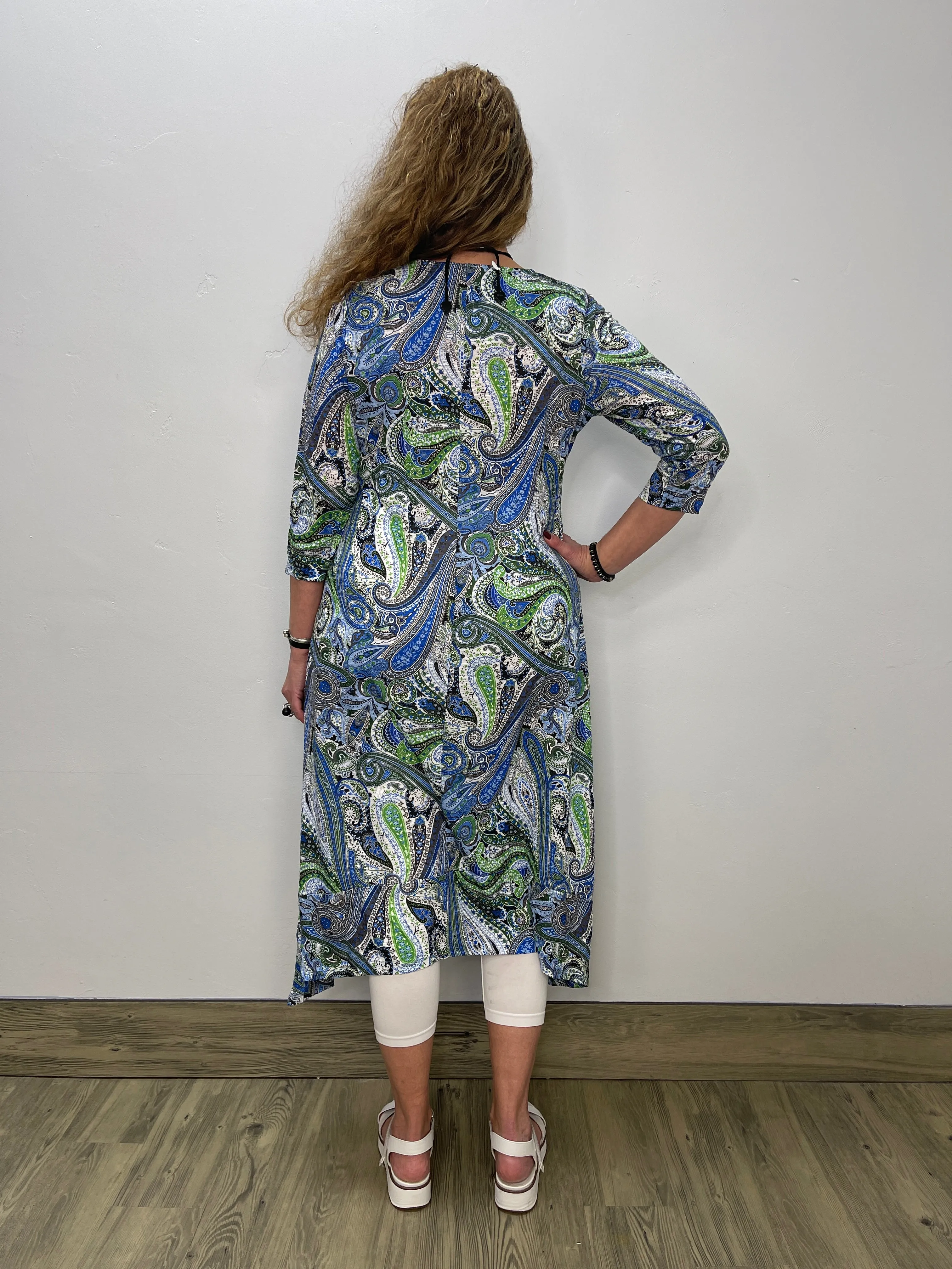 Blue Green Paisley Cap Sleeve Full Length Dress