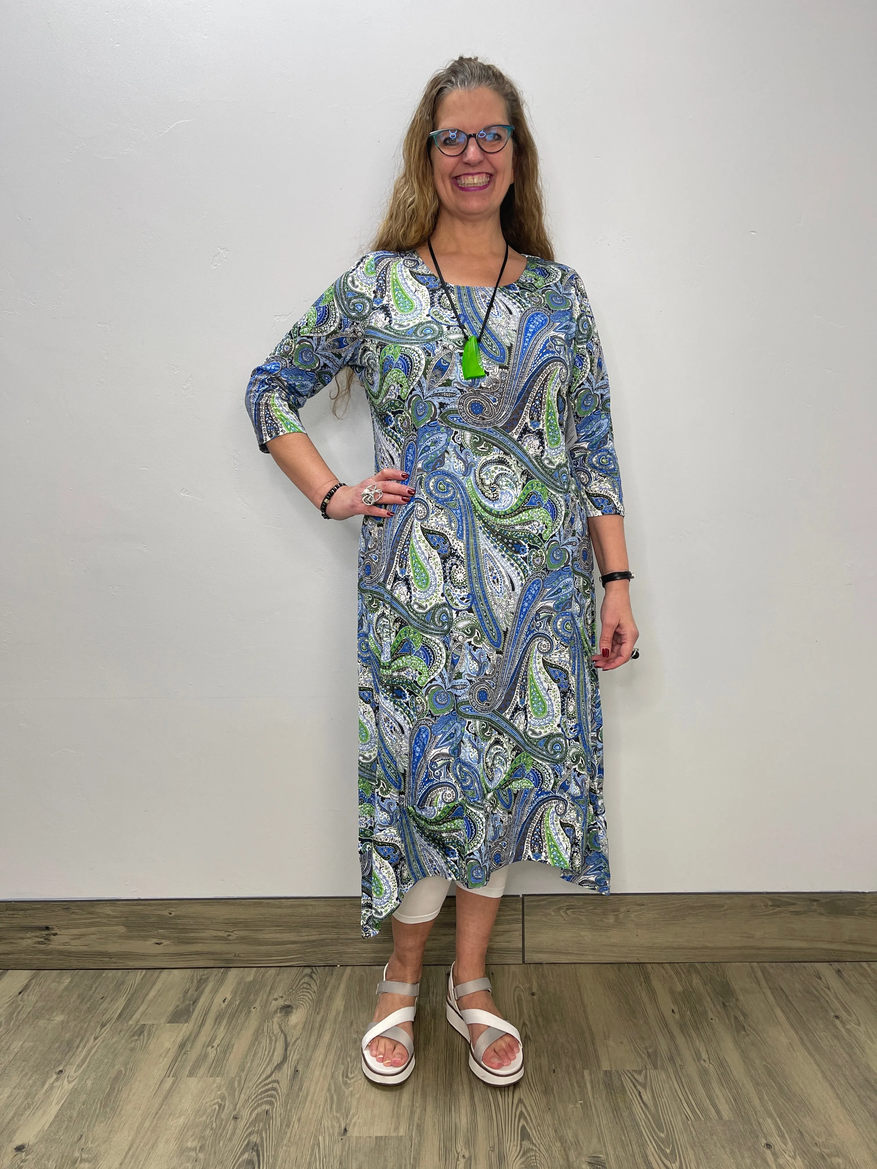 Blue Green Paisley Cap Sleeve Full Length Dress