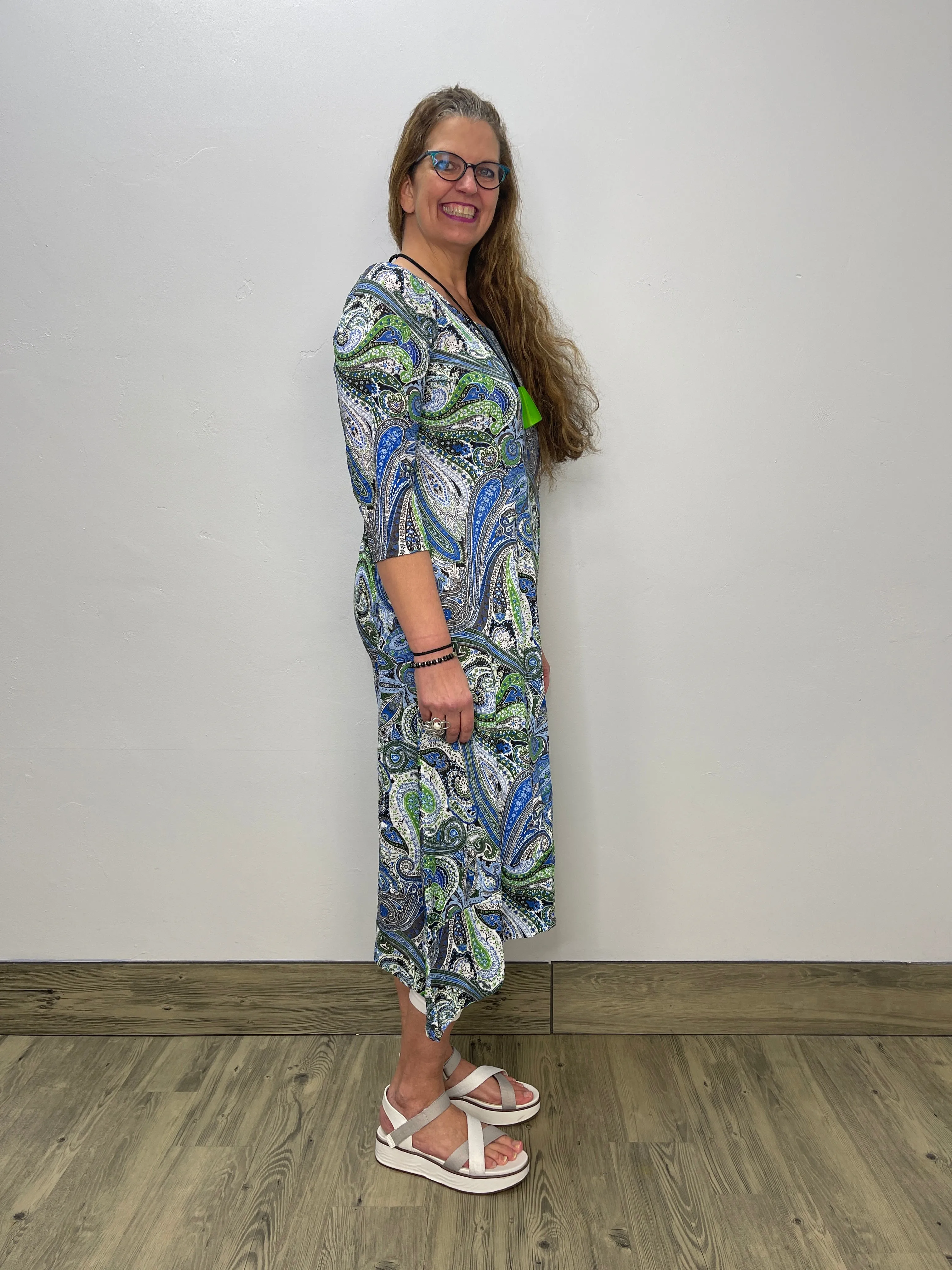 Blue Green Paisley Cap Sleeve Full Length Dress