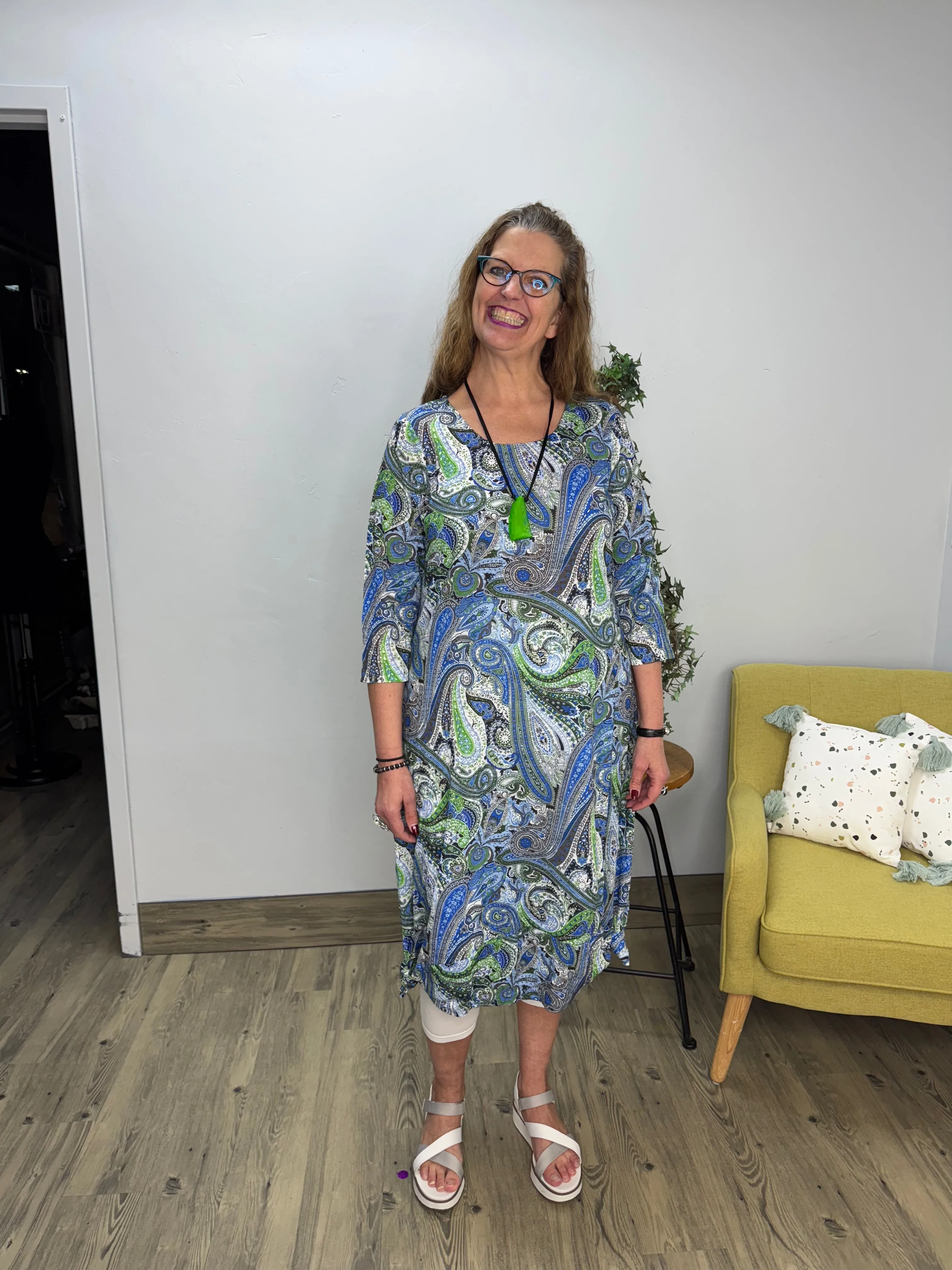 Blue Green Paisley Cap Sleeve Full Length Dress