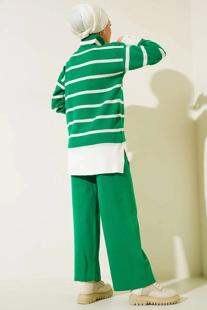BNG Women Fisherman Collar Striped Knitwear Set Green - Clermont