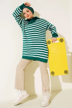 BNG Women - Striped Tunic with Zipper on the Neck Emerald Green - Clermont