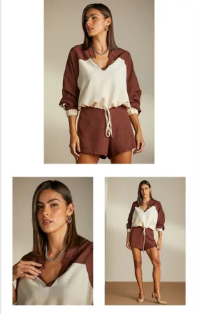Brazilian Shorts and Bomber Set with Neckline Closure Detail