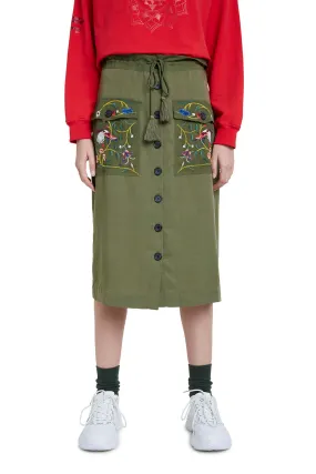 Byron Midi Skirt Khaki Embroidered with Button Front Desigual Style 20WWFW05