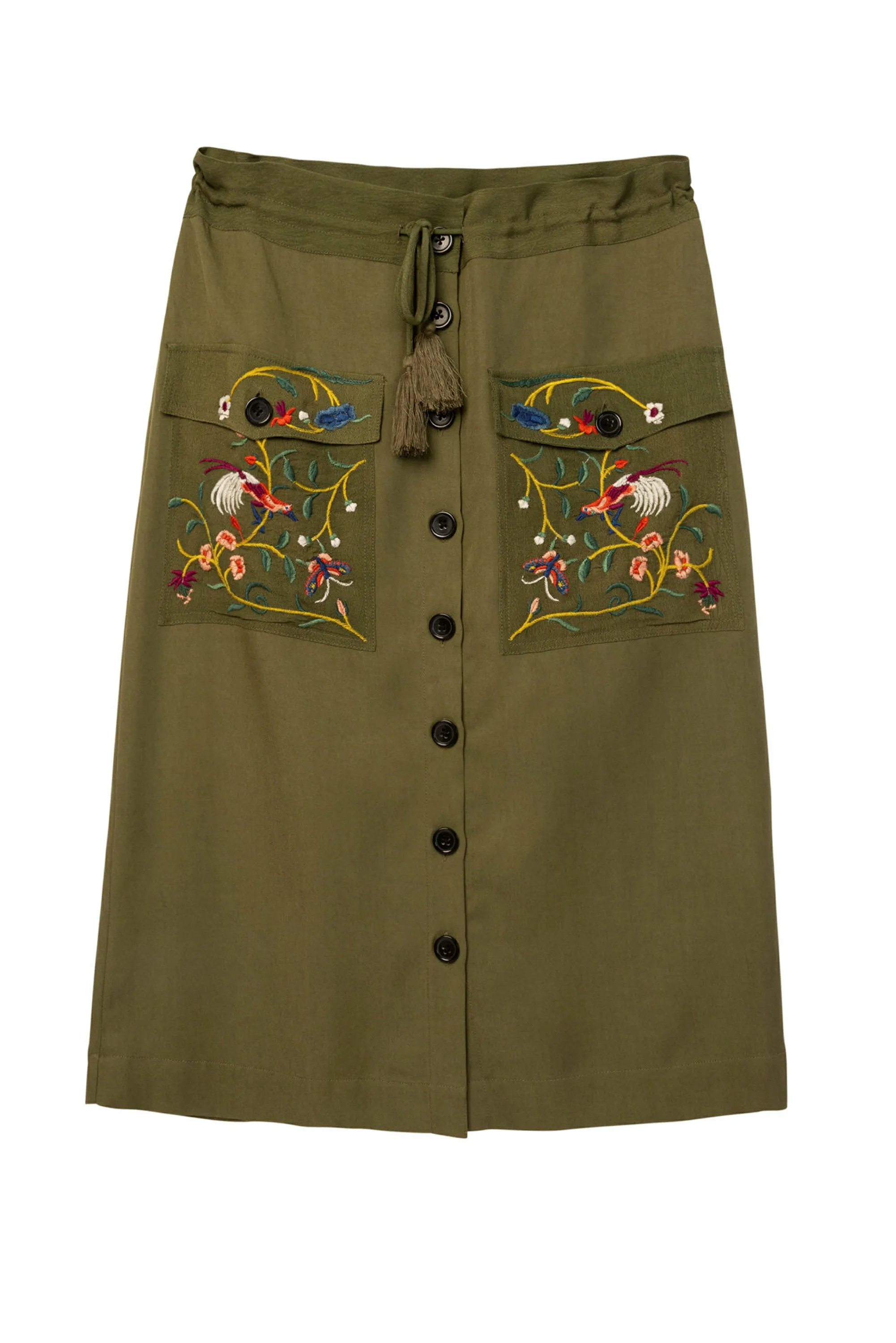 Byron Midi Skirt Khaki Embroidered with Button Front Desigual Style 20WWFW05