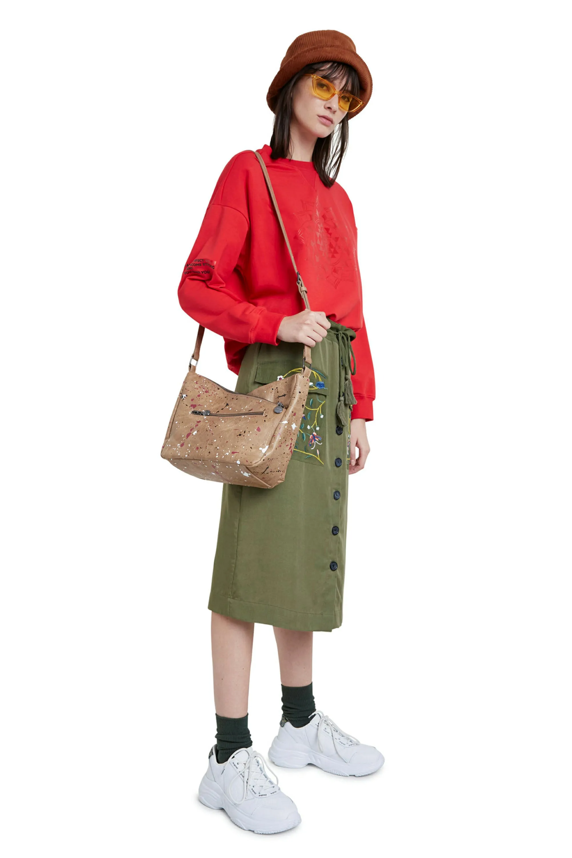 Byron Midi Skirt Khaki Embroidered with Button Front Desigual Style 20WWFW05