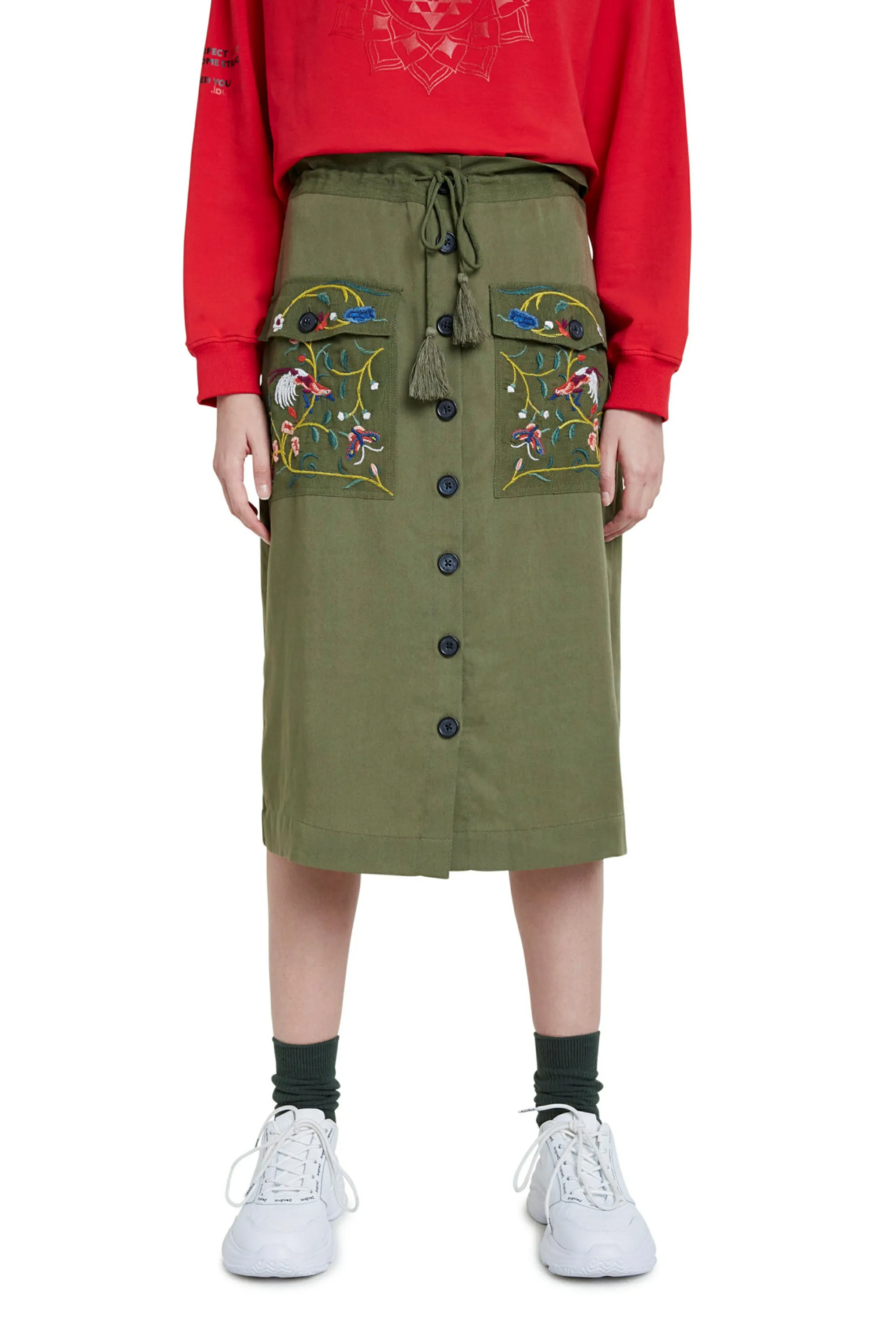 Byron Midi Skirt Khaki Embroidered with Button Front Desigual Style 20WWFW05