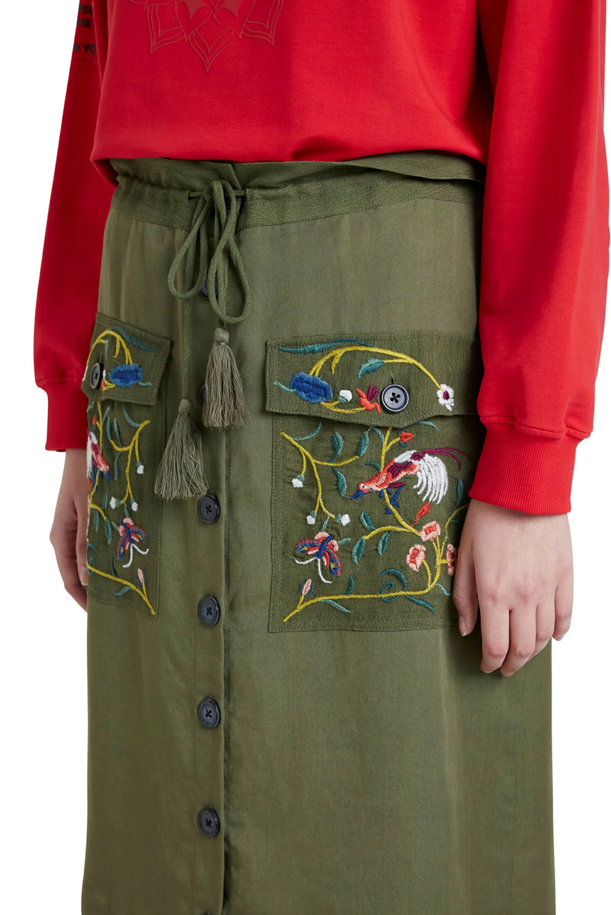 Byron Midi Skirt Khaki Embroidered with Button Front Desigual Style 20WWFW05