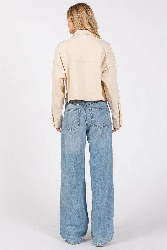 bytos Button Down Cropped Denim Jacket with Patch Pockets In Tan