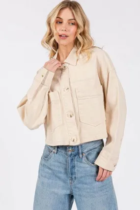 bytos Button Down Cropped Denim Jacket with Patch Pockets In Tan
