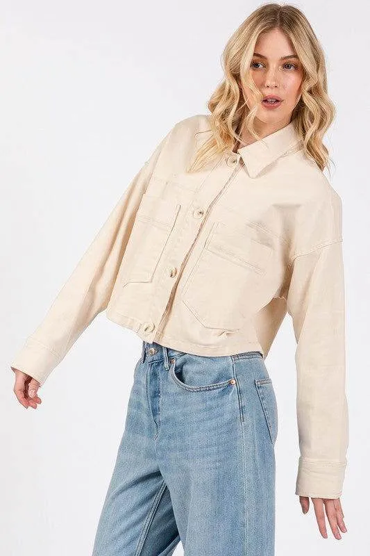 bytos Button Down Cropped Denim Jacket with Patch Pockets In Tan
