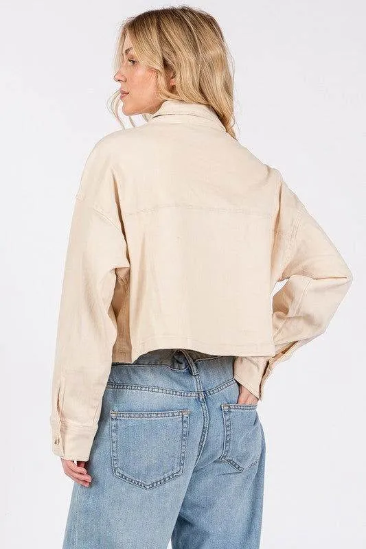bytos Button Down Cropped Denim Jacket with Patch Pockets In Tan