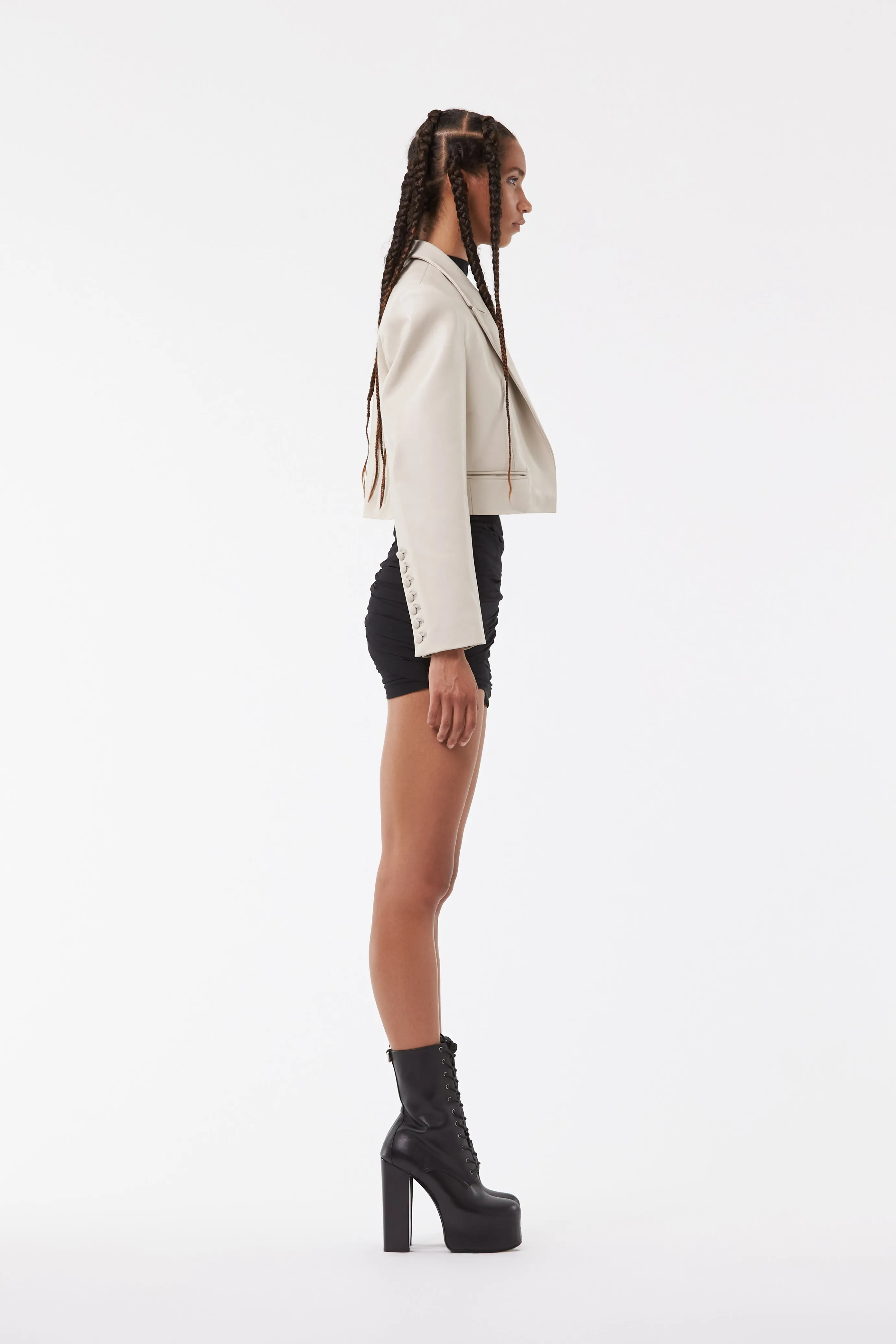 CROPPED TUXEDO LEATHER JACKET IN MOONBEAM