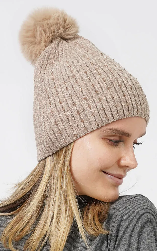 EHT10876 STONE DECO CHENILLE POMPOM BEANIE