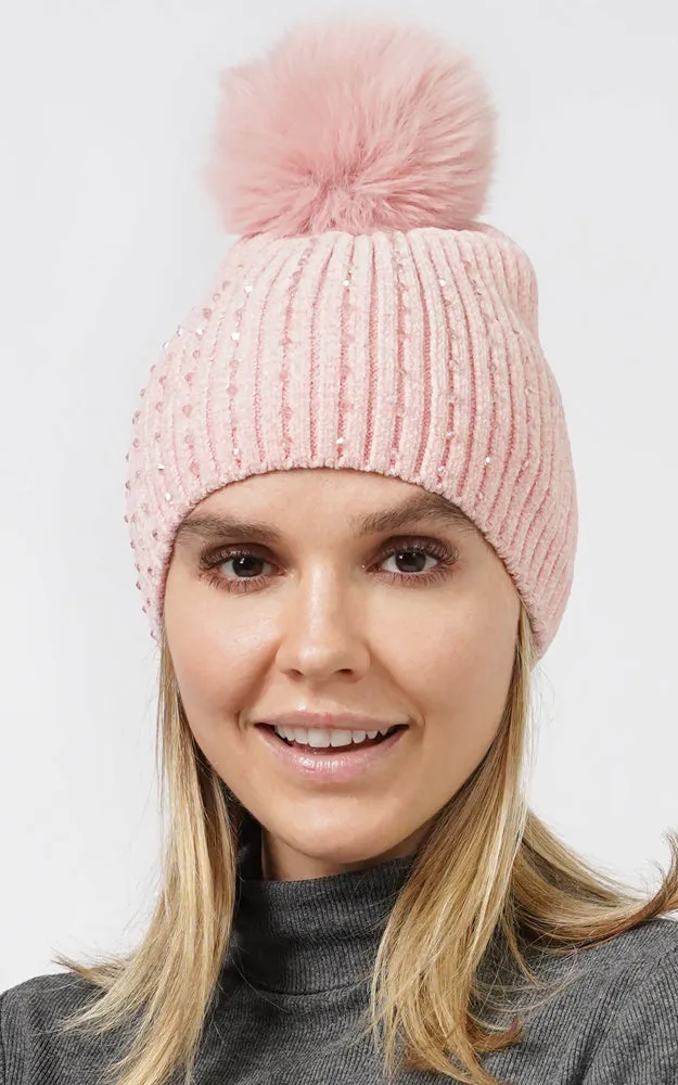 EHT10876 STONE DECO CHENILLE POMPOM BEANIE