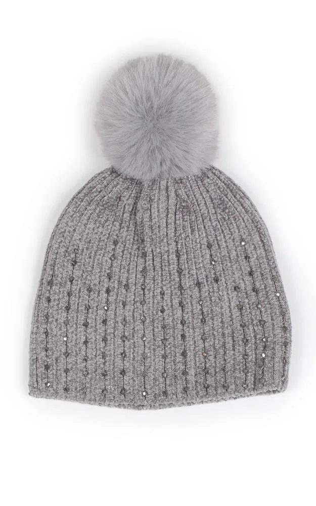 EHT10876 STONE DECO CHENILLE POMPOM BEANIE