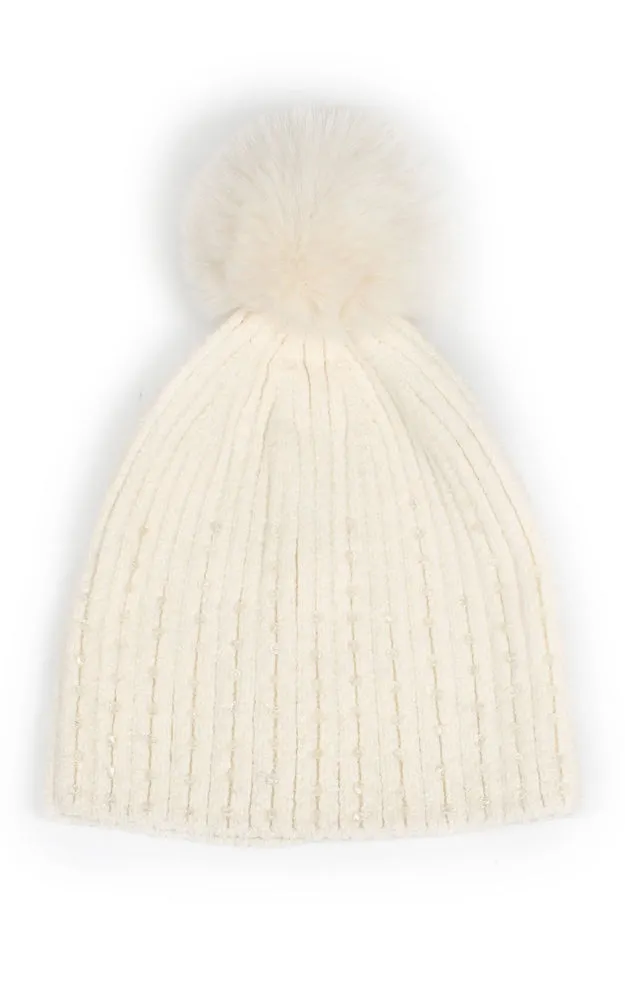 EHT10876 STONE DECO CHENILLE POMPOM BEANIE