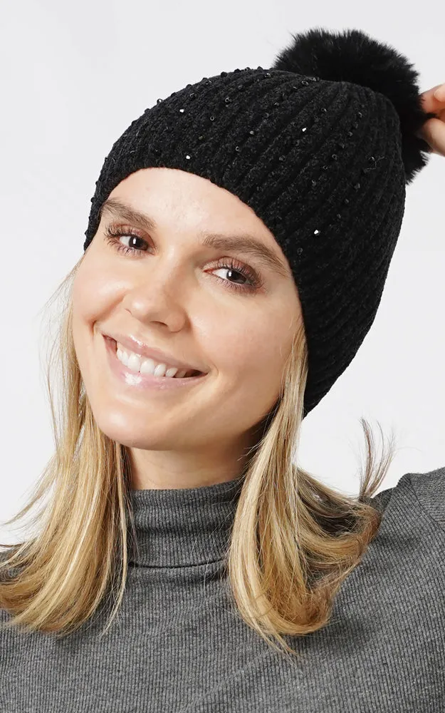 EHT10876 STONE DECO CHENILLE POMPOM BEANIE