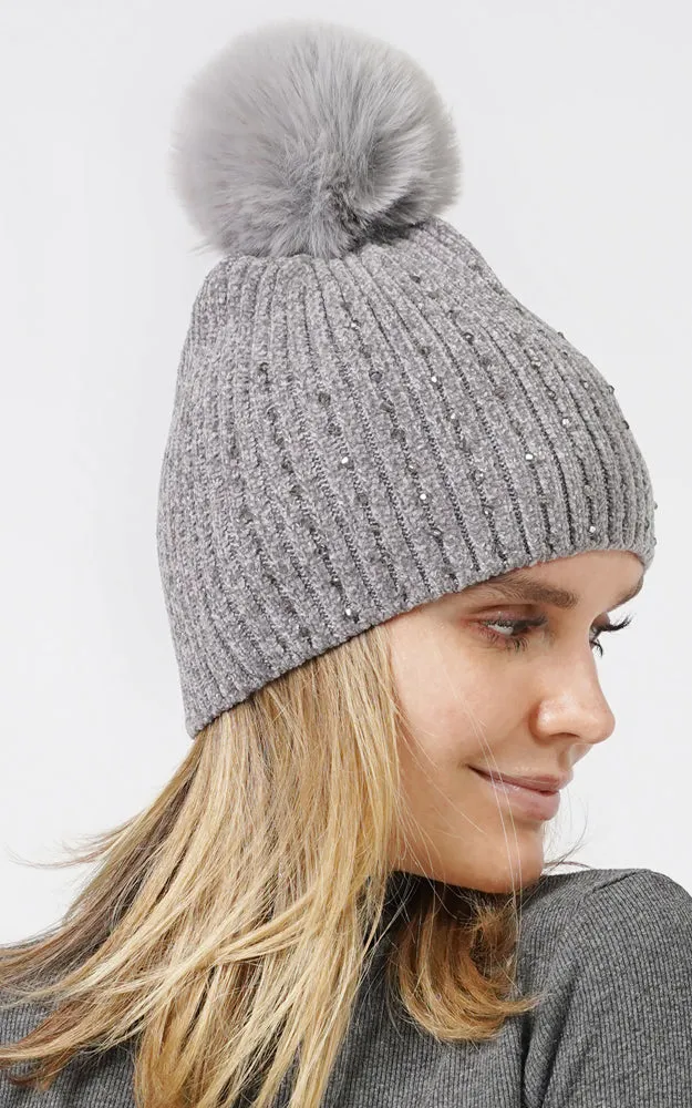 EHT10876 STONE DECO CHENILLE POMPOM BEANIE