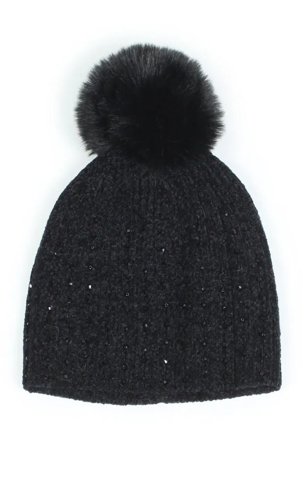 EHT10876 STONE DECO CHENILLE POMPOM BEANIE