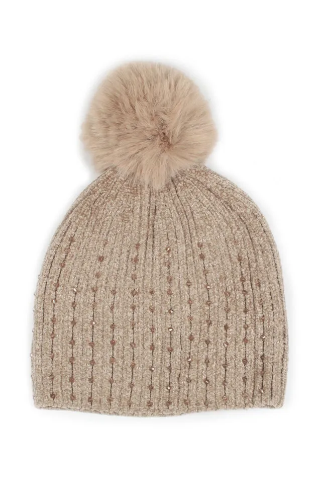 EHT10876 STONE DECO CHENILLE POMPOM BEANIE