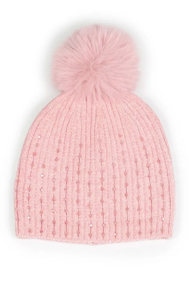 EHT10876 STONE DECO CHENILLE POMPOM BEANIE