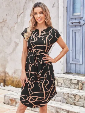 EMERY ROSE Notched Neck Graphic Print Belted Dress