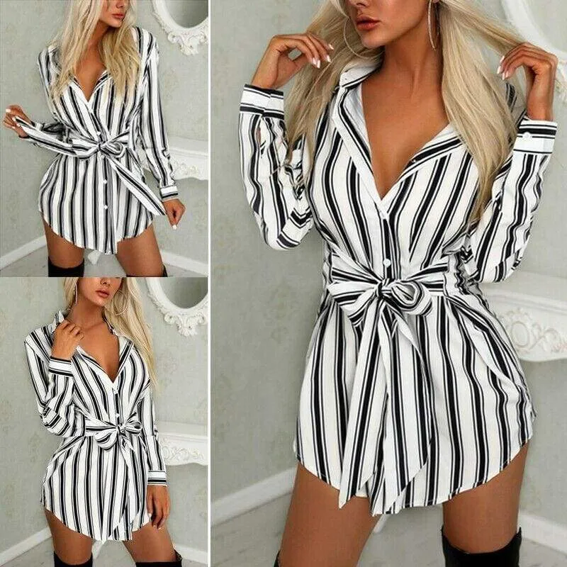FashionSierra - Women Fashion Long Shirt Dress Ladies V-neck Striped Print Casual Summer Mini Dress Short Mini Dress
