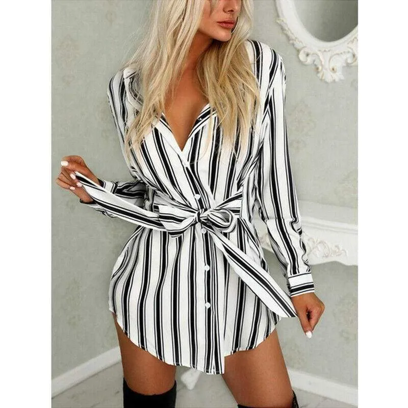 FashionSierra - Women Fashion Long Shirt Dress Ladies V-neck Striped Print Casual Summer Mini Dress Short Mini Dress