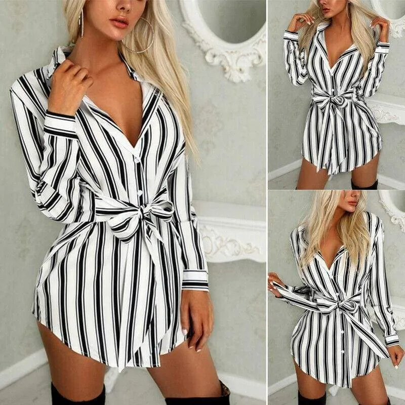 FashionSierra - Women Fashion Long Shirt Dress Ladies V-neck Striped Print Casual Summer Mini Dress Short Mini Dress